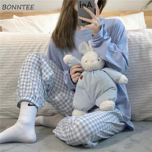 Pajama Sets Women Korean Style Plaid Bottom Simple Ins Chic Loose Tops O-neck Long Sleeve Basic Homewear Students Lounge Lovely