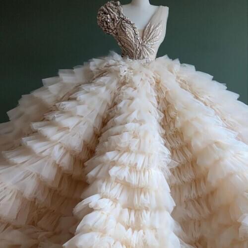 Real Image Very Puffy Beige Tutu Ruffles Wedding Dresses 2020 Real Image Flower Appliques Beaded Bridal Gowns Tulle Ball Gowns