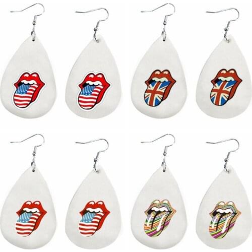Luscious Lips With Tongue and Leopard Print Earrings Faux Leather Teardrop