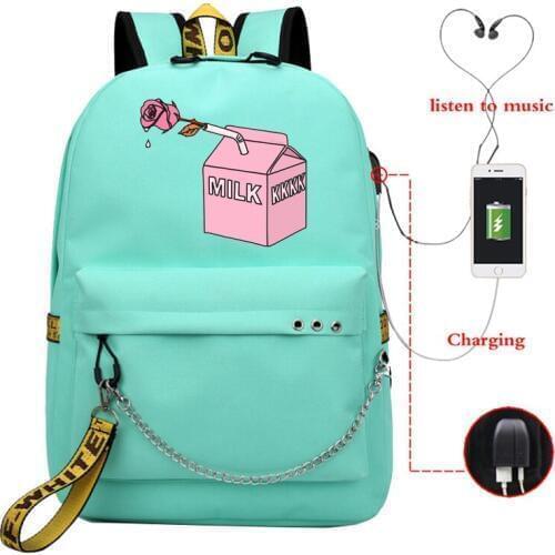 Milk Rose Aesthetics Backpacks Teenagers Women School Bags Mochila Usb Charging Girls Kawaii Travel Bookbag Korean Backpack