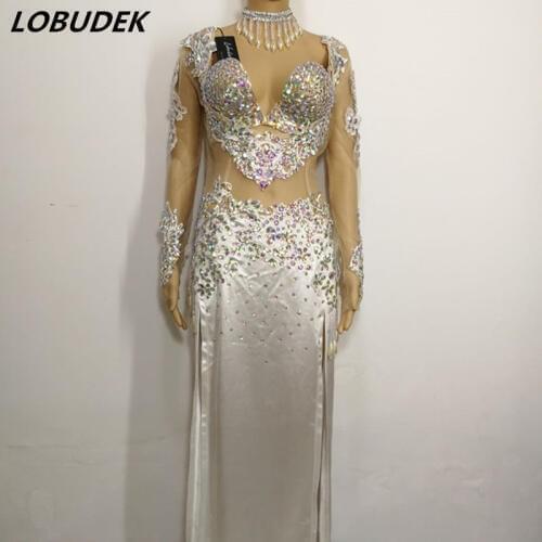 Sexy see-through Dress female Sparkly crystals one piece dress prom party singer stage costumes Bar Nightclub dance show Costume