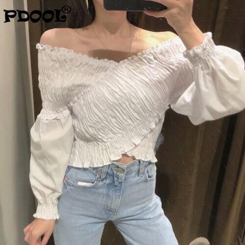 Chic Blouse Open Shoulders Puffy Sleeve Top Lace Patchwork Shirt All-Match Femme Blusas Women Blouses 2021 Women Clothing