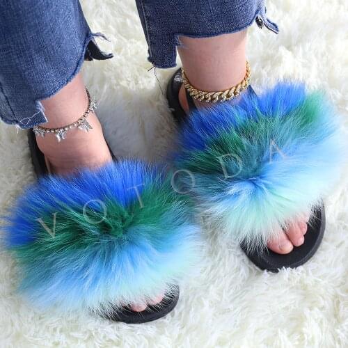 New Women Fur Slippers With Strap Woman Real Fox Fur Slides With Belt Female Fluffy Raccoon Fur Flip Flop Lady Indoor Flat Shoes