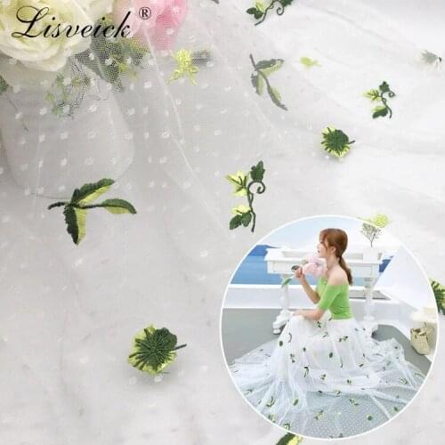 1yard 135cm Dotted mesh green leaf embroidered tulle soft lace fabric girls clothes women dress material diy sewing supplies