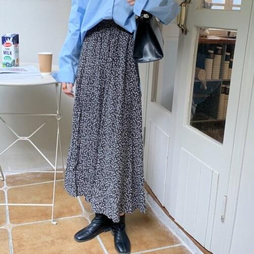 Vintage Floral Print Chiffon Skirts Women Korean A-Line Long Midi Skirt Beach Boho High Elastic Waist Summer Skirt Harajuku