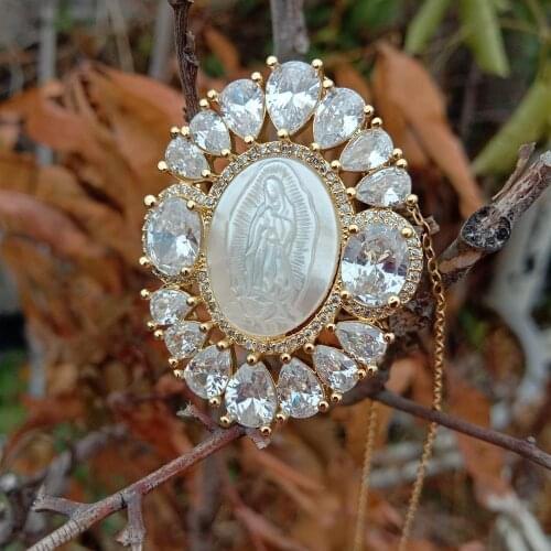 Y·YING White Shell Virgin Mary CZ Micro Pave Oval Shape Pendant Necklace
