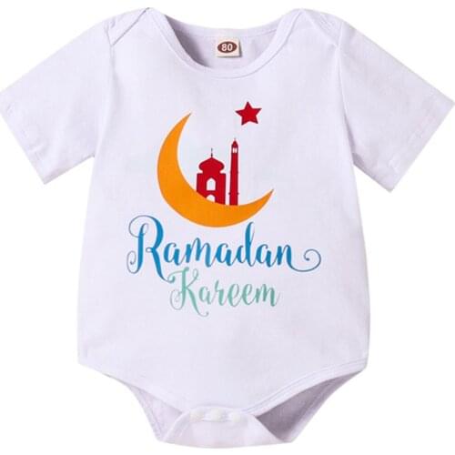 "Ramadan " Letter Funny Clothes Newborn Baby Boys Cotton Moon Print Romper Infant Bebe Boy Girl Short Sleeve Jumpsuit 0-2Y