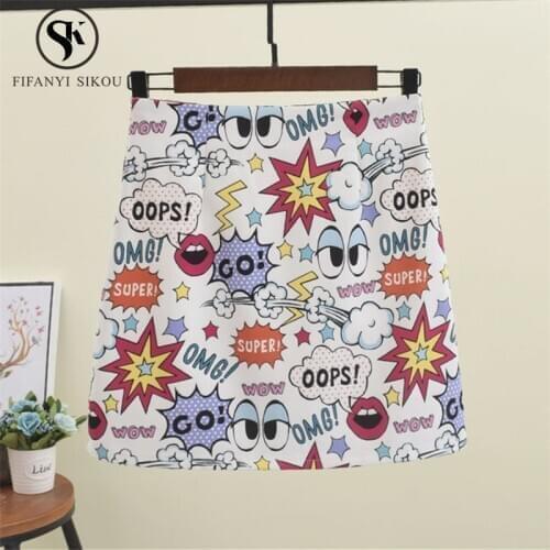 2019 Summer Womens A-Line Short Skirt Fashion Print Graffiti High waist Mini Skirts women Casual Package Hip Skirt Streetwear