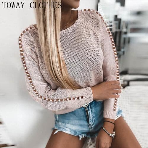 Women O Neck Beaded Design Solid Cut-out Lace-up Long Sleeve Sweaters