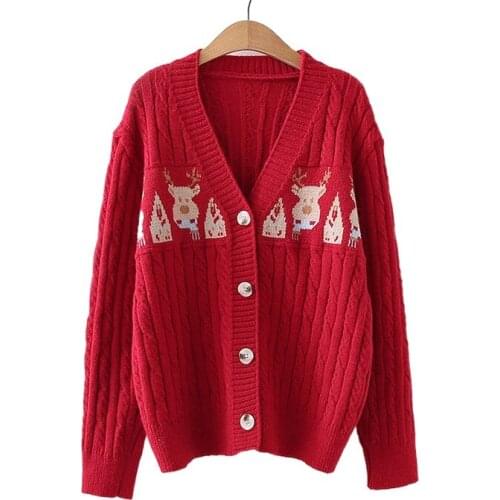 Women Knit Cardigan 2021 Winter Cartoon Jacquard Single Breasted V-neck Knitwear Korean Fashion Preppy Warm Soft Jumpers Tops