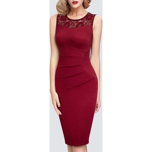 Women Sexy Chic Elegant Solid Color Sleeveless Floral Lace Patchwork Lady Bodycon Pencil Dress HB639