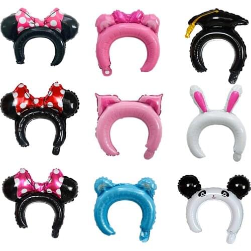 10pcs cute Mickey Minnie headband with foil balloon rabbit bear animal balloon pink childrens toys birthday party decoration