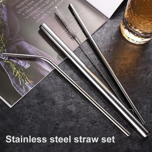 3Pcs Reusable Stainless Steel Straws Set Straight Blending Metal Drinking Straw with Cleaning Brush