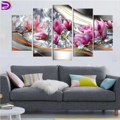 5 PCS Pink Orchid Crystal Full Square Round Diy Diamond Painting Multi Panel Diamond Embroidery Cross Stitch Mosaic Flower Kit