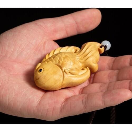 Boxwood 8CM Fish Pendant Solid Wood Carving Feng Shui Animal Wood Statue Chinese Wealth Sculpture Home Decor