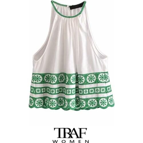 TRAF Za Women Fashion Hollow Out Embroidery Blouses Vintage Halter Neck Sleeveless Female Shirts Blusas Chic Tops
