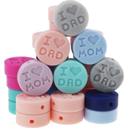 10pc I love mom Silicone Teething Loose Beads Flat Round Shape Chew Bead for DIY Pacifier Necklace Charm Baby Teether Beads
