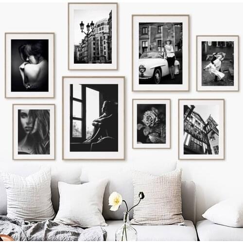 Black White Retro Woman Car Flower Window Wall Art Canvas Painting Nordic Posters And Prints Wall Pictures For Living Room Decor