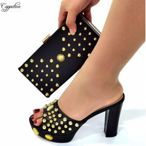 Black Women Pumps Shoes and Bag for Party Wedding Plus Size Ladies Italian Slippers with Matching Purse Handbag Set Sandal CR140