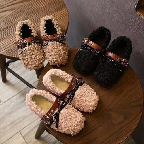 Childrens cotton shoes 2021 autumn and winter girls' bowknot lamb wool baby warm flat shoes net red bean shoes lightweight