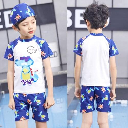 Childrens Swimwear Baby Bathing Suit 3 Pieces Funny Dinosaur Cute Short Sleeve Swimming Suits For Boys Toddler Kids Beach Wear