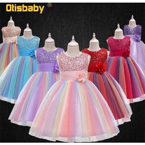 2-12 Years Children Summer Sequined Floral Midi Dress Kids Clothes Girls Party Prom Light Dresses Elegant Girl Birthday Clothing