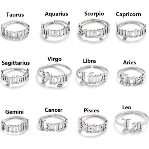 Womens Stainless Steel Zodiac Ring Unusual Gold Open Ring Twelve Constellation Ring Fashion Jewelry Gift for Men Viking