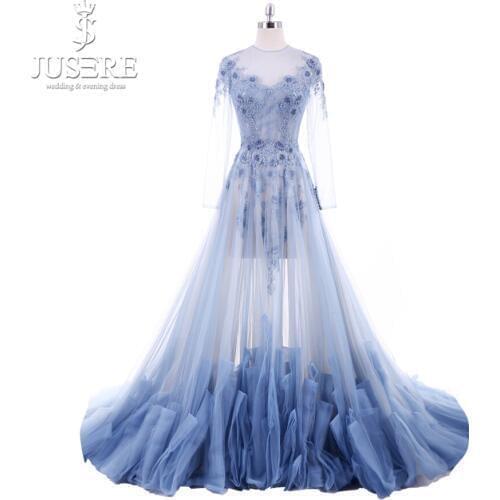 2019 Jusere Blue Crystals Beaded A-Line Evening Dress Illusion Back Formal Gowns long Sleeves Party Dress