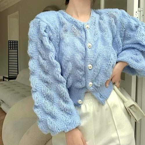 Oversized Cropped Cardigan 2021 Autumn Hollow Out Coarse Knitted Cardigan O-Neck Lantern Sleeve Sweater Coat Cute Knitwear Tops