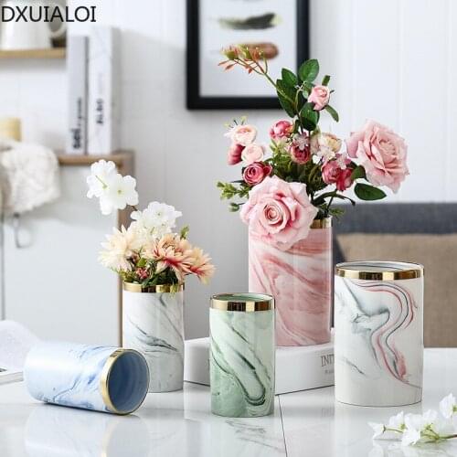 Nordic marbled gilded ceramic vase hydroponic vase artificial flower container home decoration ceramic crafts wedding decoration