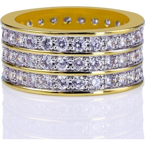 18K Gold Plated Copper Cubic Zirconia Three Rows Ring Mens Fashion Jewelry Hip Hop Ring