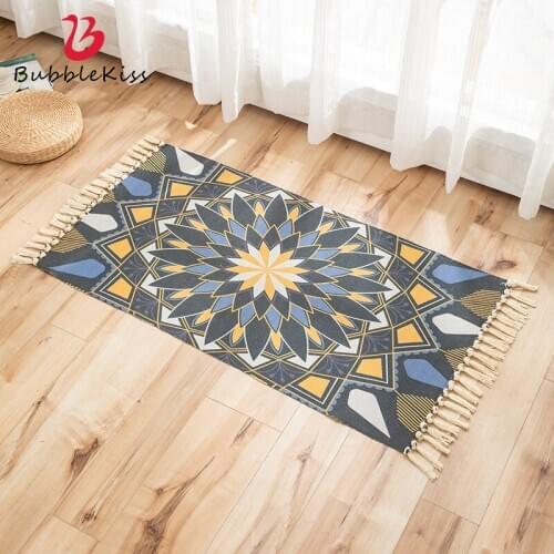 Bubble Kiss Ethnic Style Carpet Linen Simple Printing Rugs Living Room Home Door Mat Tassel Edge Carpets Bedroom Decor Area Rug