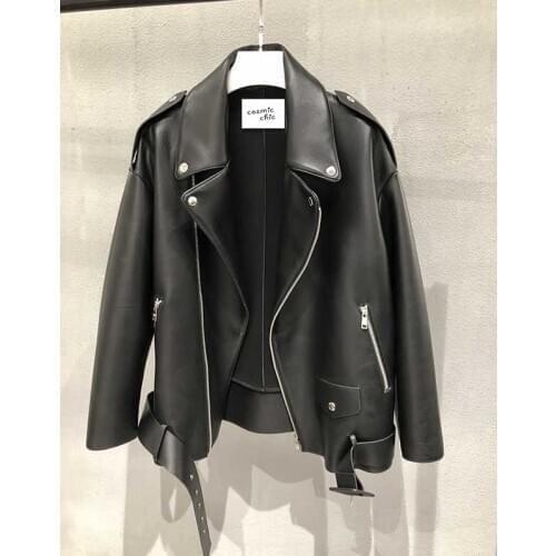 Cosmicchic Womens Moto Biker Zipper Jacket Genuine Leather Sheepskin Casual Outwear Bomber Jacket Plus Size 2020 Autumn Winter