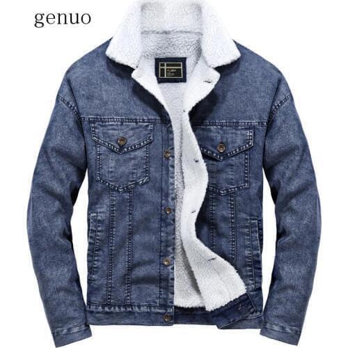 New Winter Wool Warm Men Single Breasted Fleece Denim Jackets Man Slim Fit Fur Collar Lovers Thick Denim Jeans Cowboy Coats
