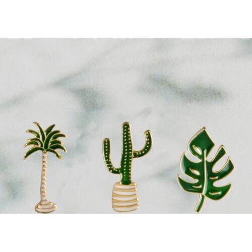 Summer Desert Beach Green Cactus Palm Leaves Plant Tree Natural Lapel Pin Enamel Brooch Collar Pins Cactus Gift Cactus Jewelry