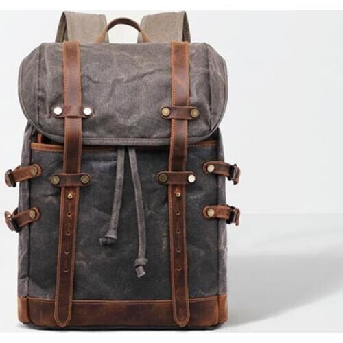 Vintage Style Mens Oil Wax Canvas Backpack Leather Belts Large Capacity Unisex Hiking Bags Multi-Function Travel Backpacks