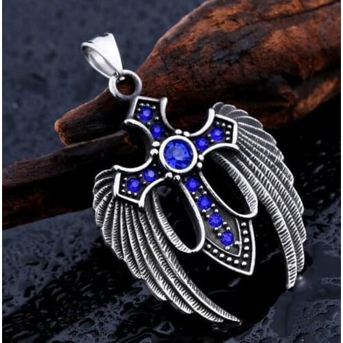 Classic Fashion Trend Punk Stainless Steel Double Wings Cross Cross 3 Color Stone Feather Pendant Mens Pendant Necklace