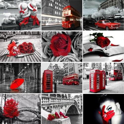 Black and White Red City Series Wall Poster Print Rose Bus telephone booth Wall Art Nordic Canvas Painting Picture Home Decor