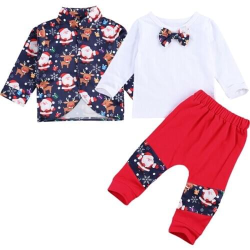 6M-3T Kids Baby Boys Xmas Clothes Button-up Coat + Long Sleeve T-shirt with Bow-knot Tie + Trouser Infant Boy Christmas Outfits