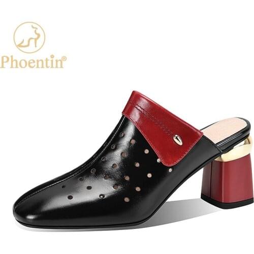 Phoentin Mules shoes Genuine Leather Mixed Colors outdoor slipers 2021 Summer Women high Quality Elegant Office Sandals FT1459