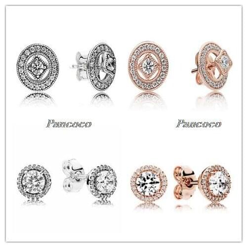 925 Sterling Silver Earring Vintage Allure With Crystal Studs Earrings For Women Wedding Gift Pandora Jewelry