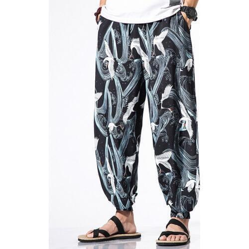 Japanese Kimono Traditional Print Pants Haori Pants Asian Costume Beach Casual Loose Long Pants Japan Style Kimono Yukata Men