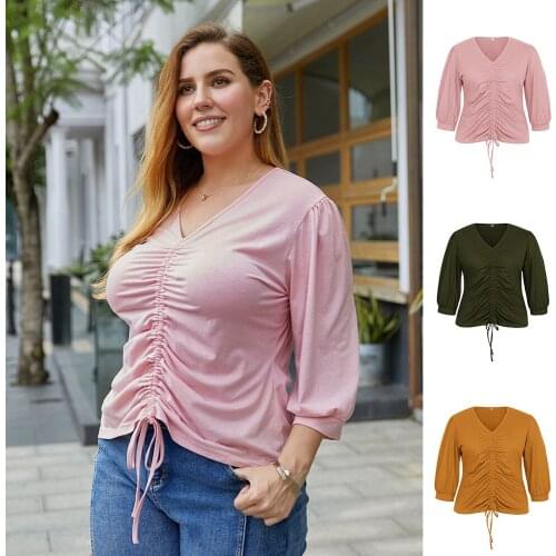 Slim Top Womens Long Sleeve Female Clothing Pleated Tops for Summer Woman Clothes V-neck Blouses and Shirts Solid Temperament