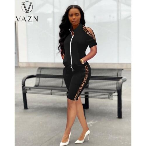 VAZN 2021 Summer Bandage Special Zippers Striped Holiday Short Sleeve O-neck Two Piece Set 2 Piece Set Women Top And Pant