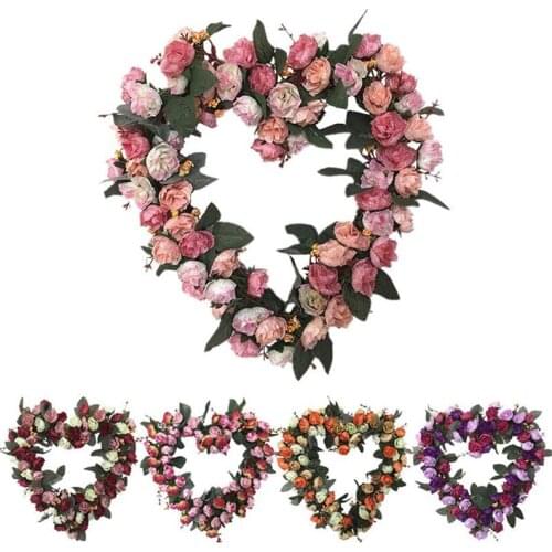Vintage Art Simulation Rose Flowers Wreath 36cm Heart Shaped Valentines Day Garland for Door Home Party Wedding Decor L