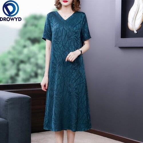 Women Summer Silk Dress Pocket Print Short Sleeve V Neck Loose Style Fashion Casual Vestidos Clothes Bodycon Runway Party Dress