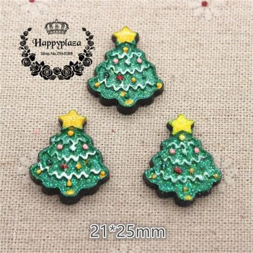 10pcs Resin Flatback Cabochon Glitter Christmas Tree Miniature Art Supply Decoration Charm Craft,21*25mm