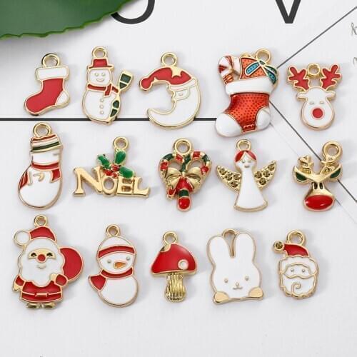 15Pcs/Set Christmas Charms Pendants Enamel Bracelet Party Home Metal Craft Decoration Tree Hanging DIY Jewelry Accessories
