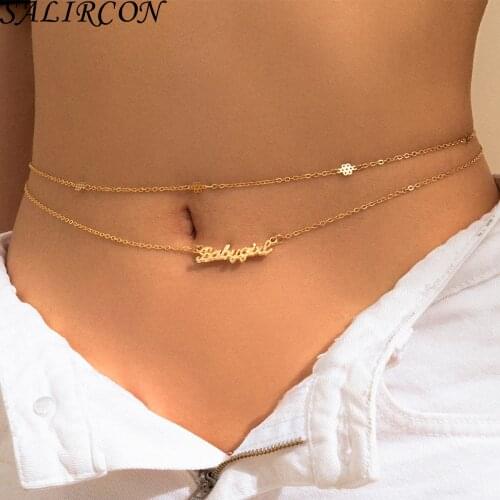 2Pcs/Set Vintage Punk Exquisite Alloy Waist Chain Women Fashion Letter Babygilr Pendant Sexy Belly Belt Chain Jewelry New 2021