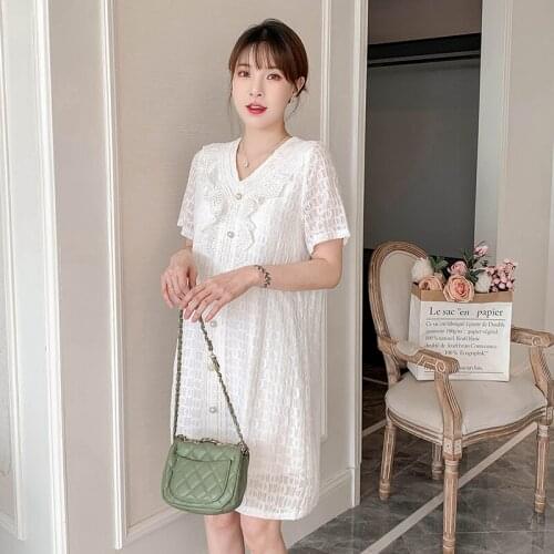 45391# Maternity Dress Summer Cotton Short Sleeves Loose Midi Lace Dress Plus Size Pregnancy Dress Pregnant Women Mom Dress